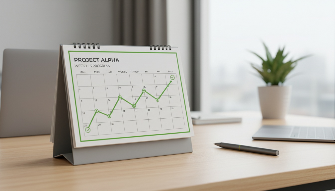 A professional, high-quality visual of a simple timeline on a desk calendar representing progress over weeks