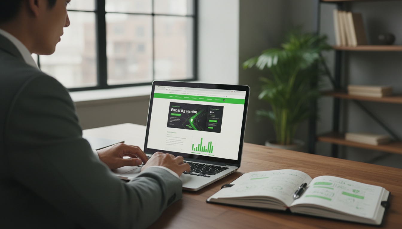 A professional, high-quality photo of a person reviewing a website on a laptop with a notebook nearby