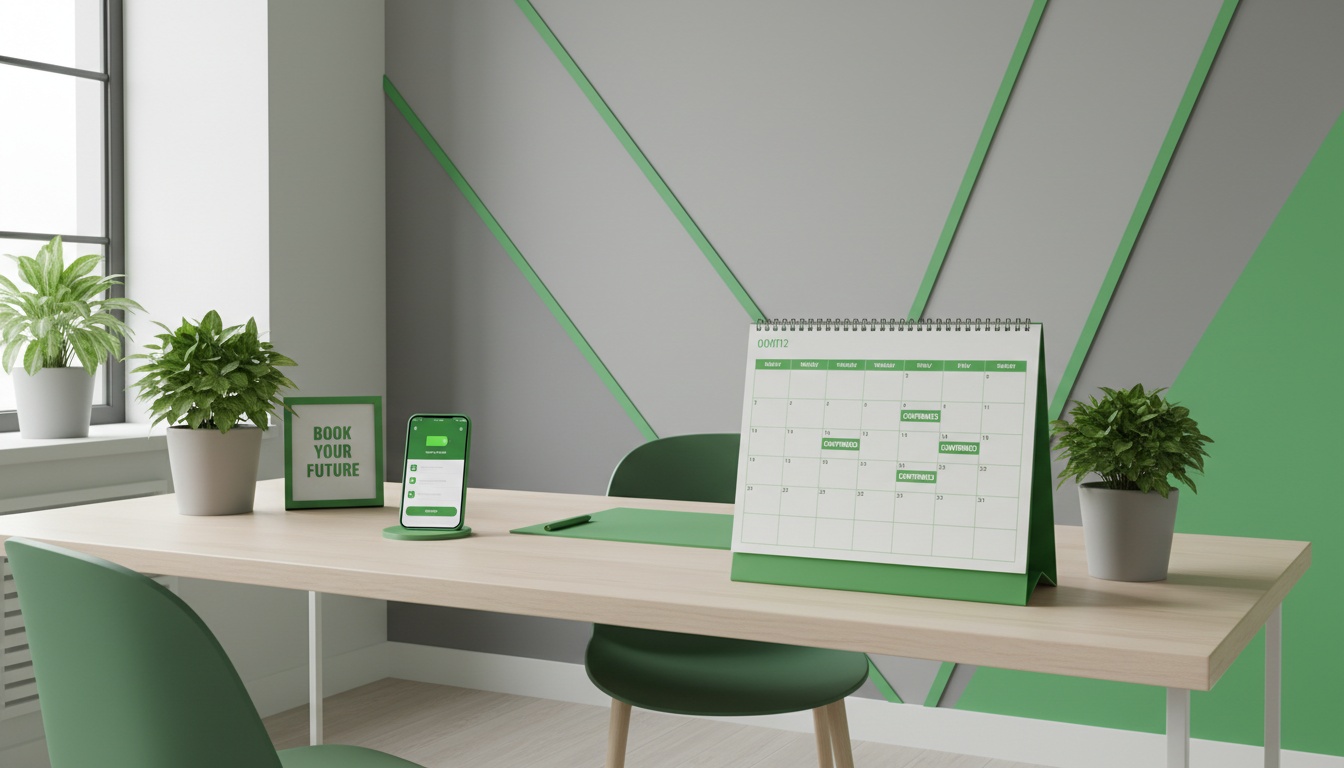 A professional, high-quality photo of a calm booking/consultation workspace with a phone and calendar