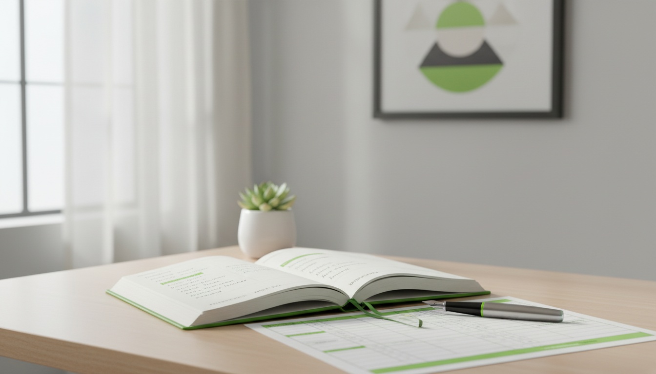 A professional, calming office setting with a notebook, pen, and a subtle budget worksheet on a desk—neutral tones, high-quality lighting