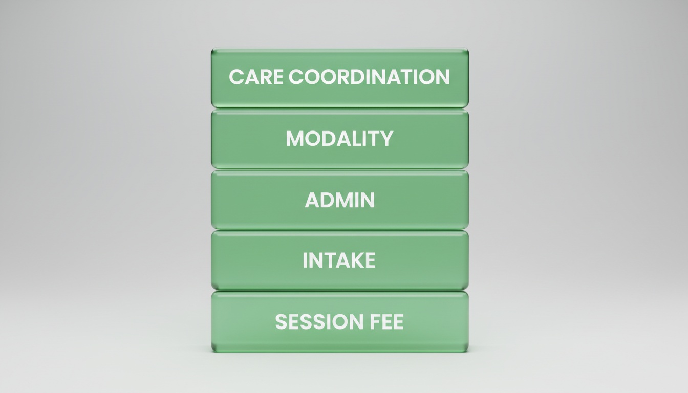 A clean, professional visual of stacked building blocks labeled Session Fee, Intake, Admin, Modality, Care Coordination—minimalist design