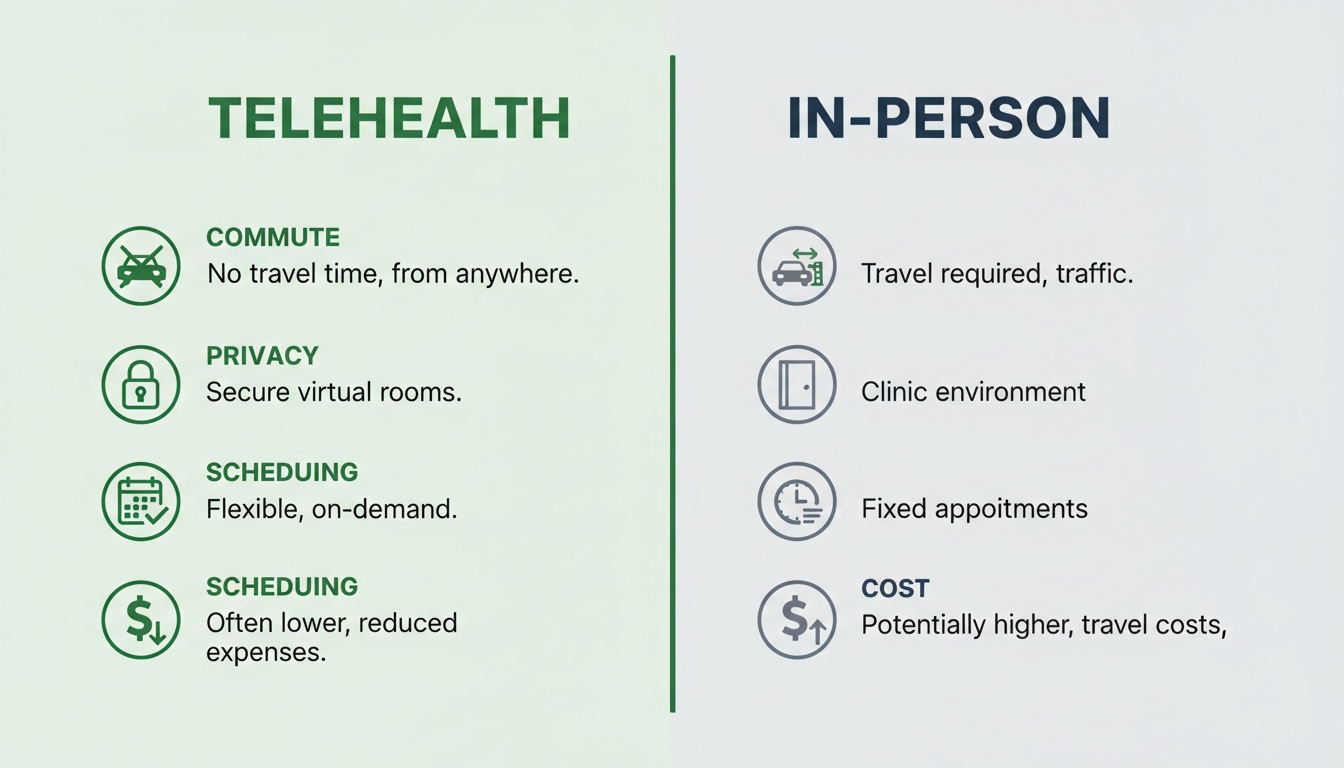 A professional comparison visual showing Telehealth vs In-Person with icons for commute, privacy, scheduling, and cost—clean and modern