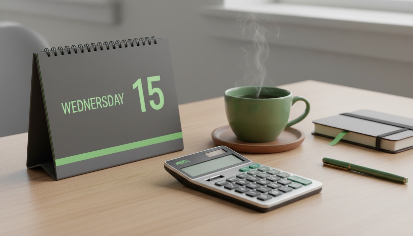 A high-quality close-up of a calendar and calculator beside a cup of tea—professional, calm, and organized