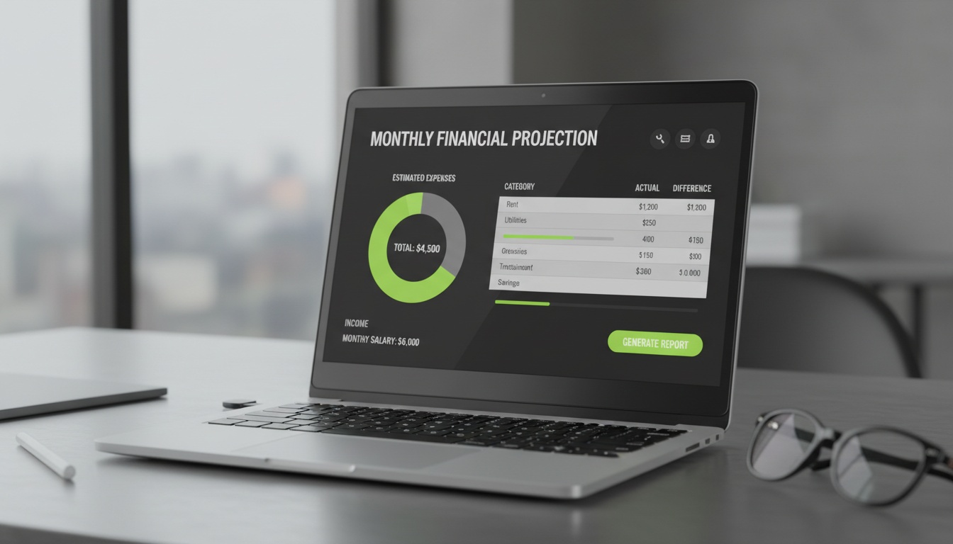 A professional budget worksheet on a laptop screen showing a simple monthly estimate—clean UI, modern style