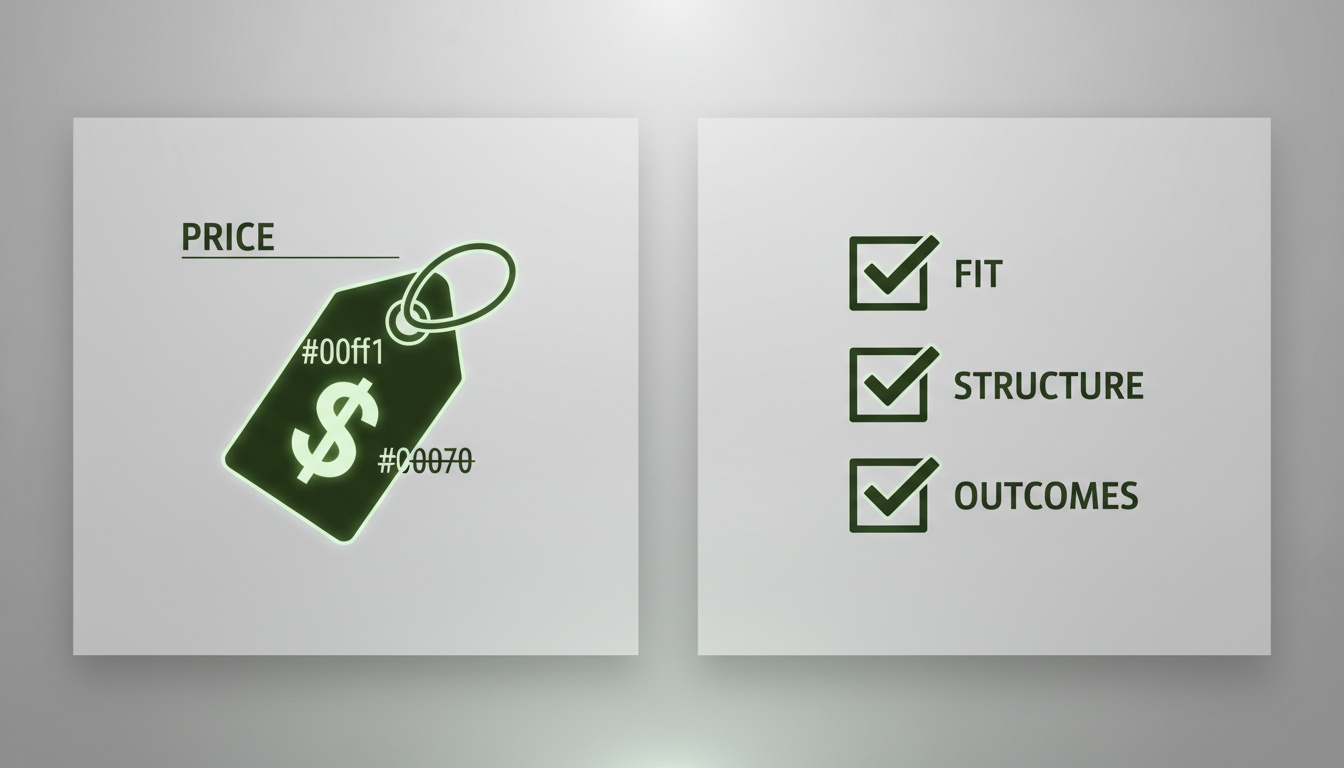 A professional split-screen visual of a price tag on one side and a checklist labeled Fit, Structure, Outcomes on the other—minimalist style