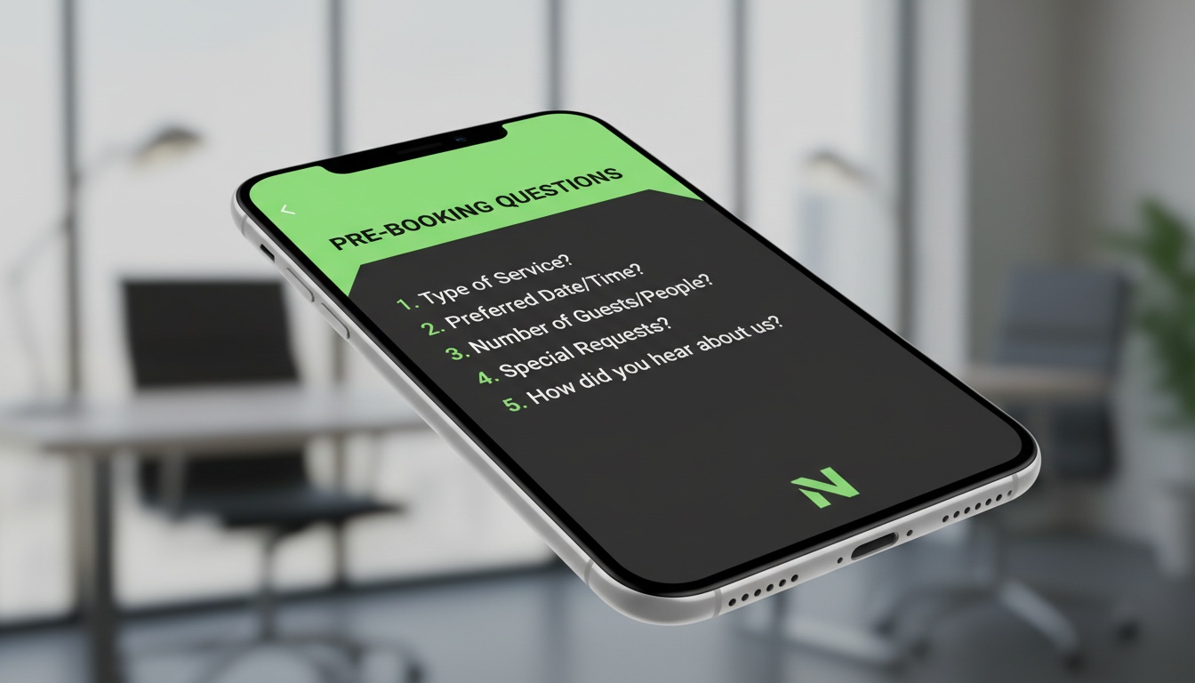 A professional phone screen showing a notes app with a list of pre-booking questions—clean and modern