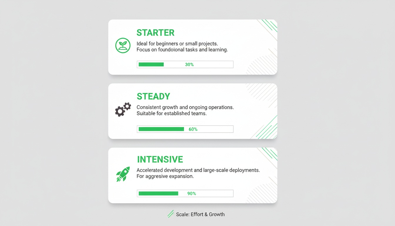 A professional, high-quality infographic-style visual of three scenario cards—Starter, Steady, Intensive—neutral color palette