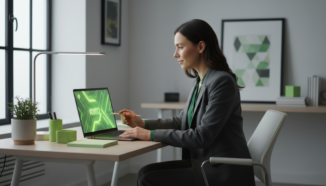 A professional image of a person reviewing options on a laptop with a calm expression—soft lighting, modern workspace