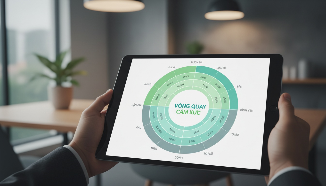 Professional high-quality image of a Vietnamese-language mood wheel graphic on a tablet, with clean typography and calm colors