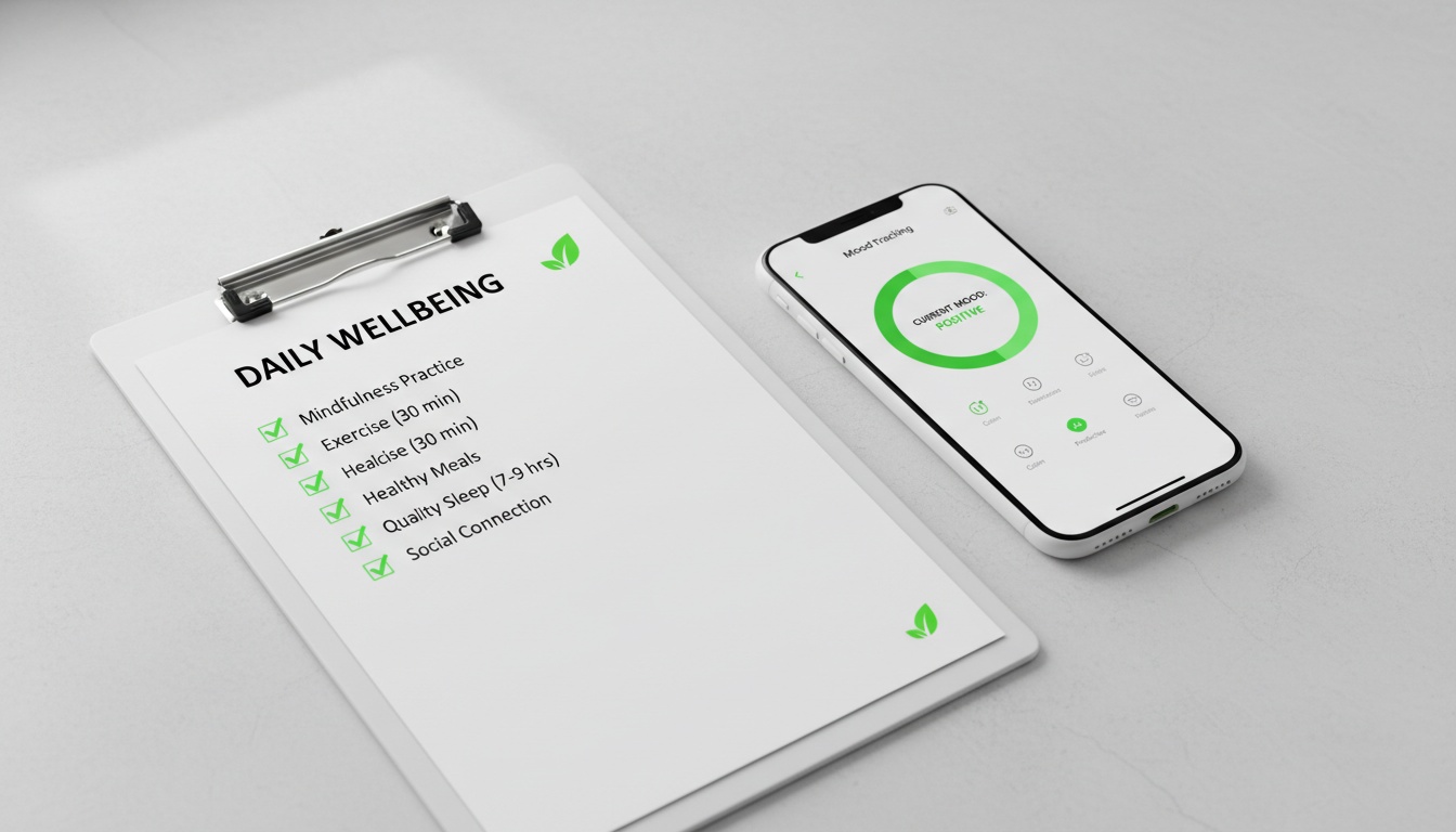 Professional high-quality image of a checklist on a clipboard beside a phone showing a mood app, clean modern aesthetic