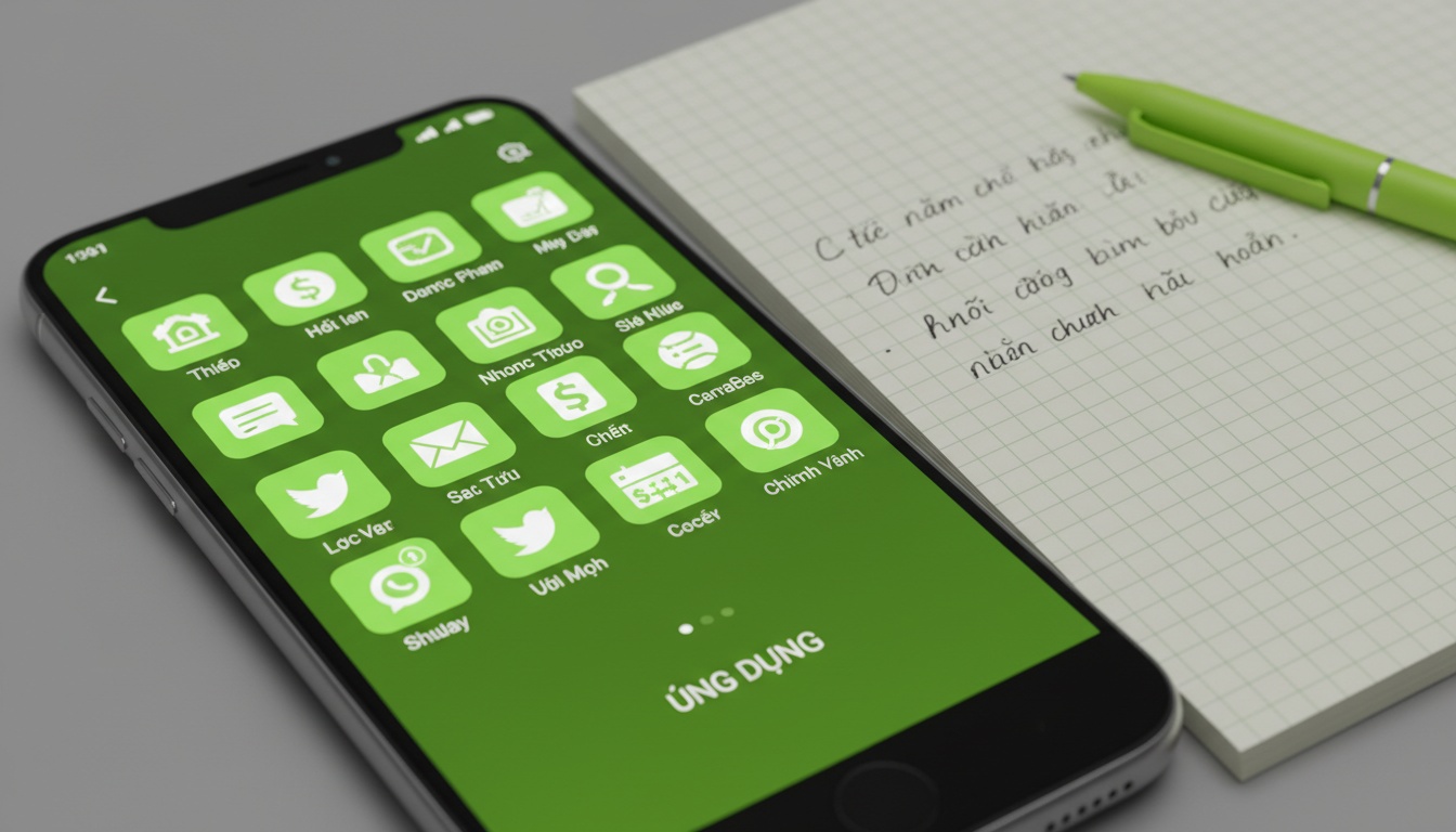 Professional high-quality image of a grid of app icons on a phone with a Vietnamese-language notebook in the background, neutral lighting
