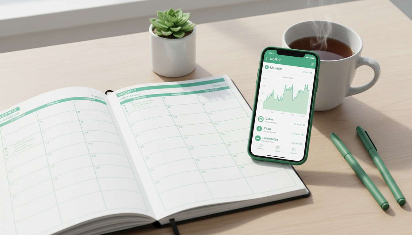Professional high-quality image of a weekly planner next to a phone showing a mood chart, calm workspace