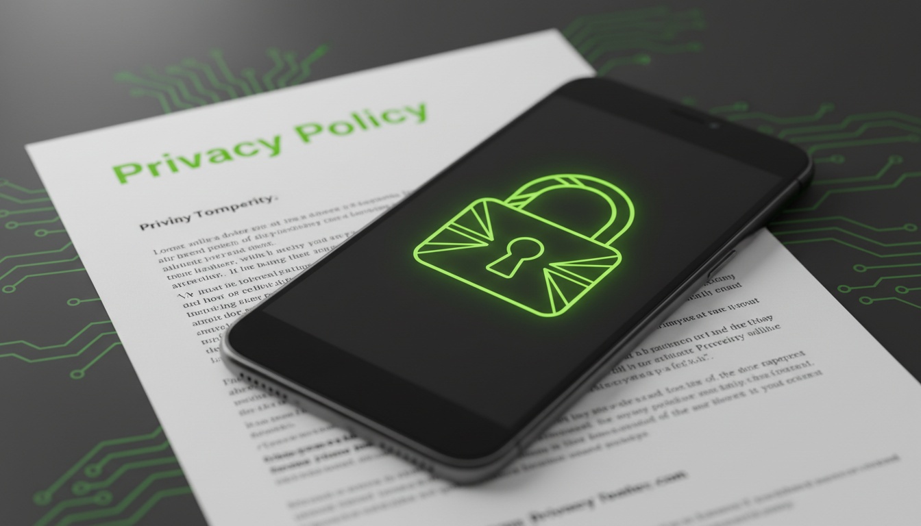Professional high-quality image of a phone with a lock icon overlay and a privacy policy document blurred in the background