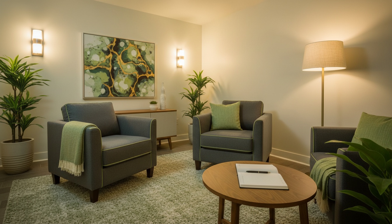 A professional, high-quality photo of a calm counseling room with two chairs, warm lighting, and a notebook on a small table