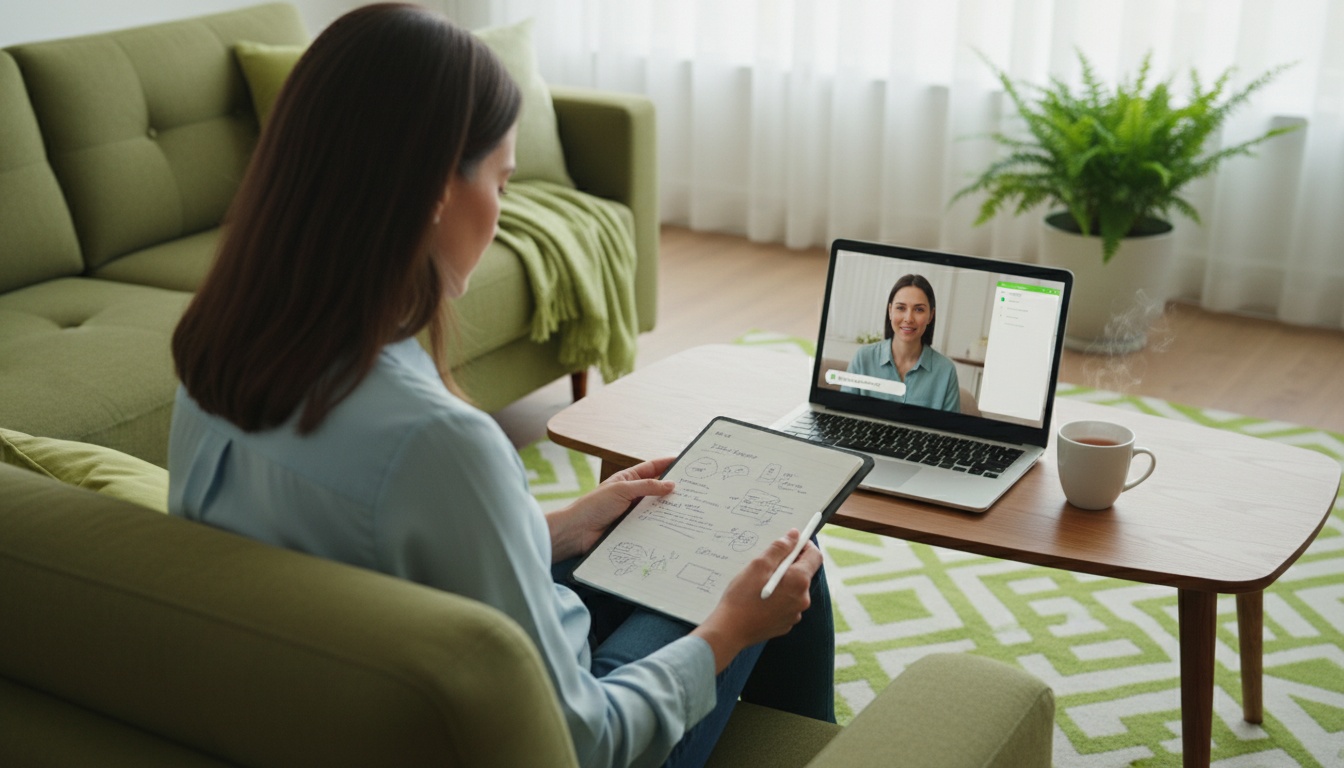 A professional, high-quality photo of a person taking notes during an online therapy session on a laptop, in a quiet home setting