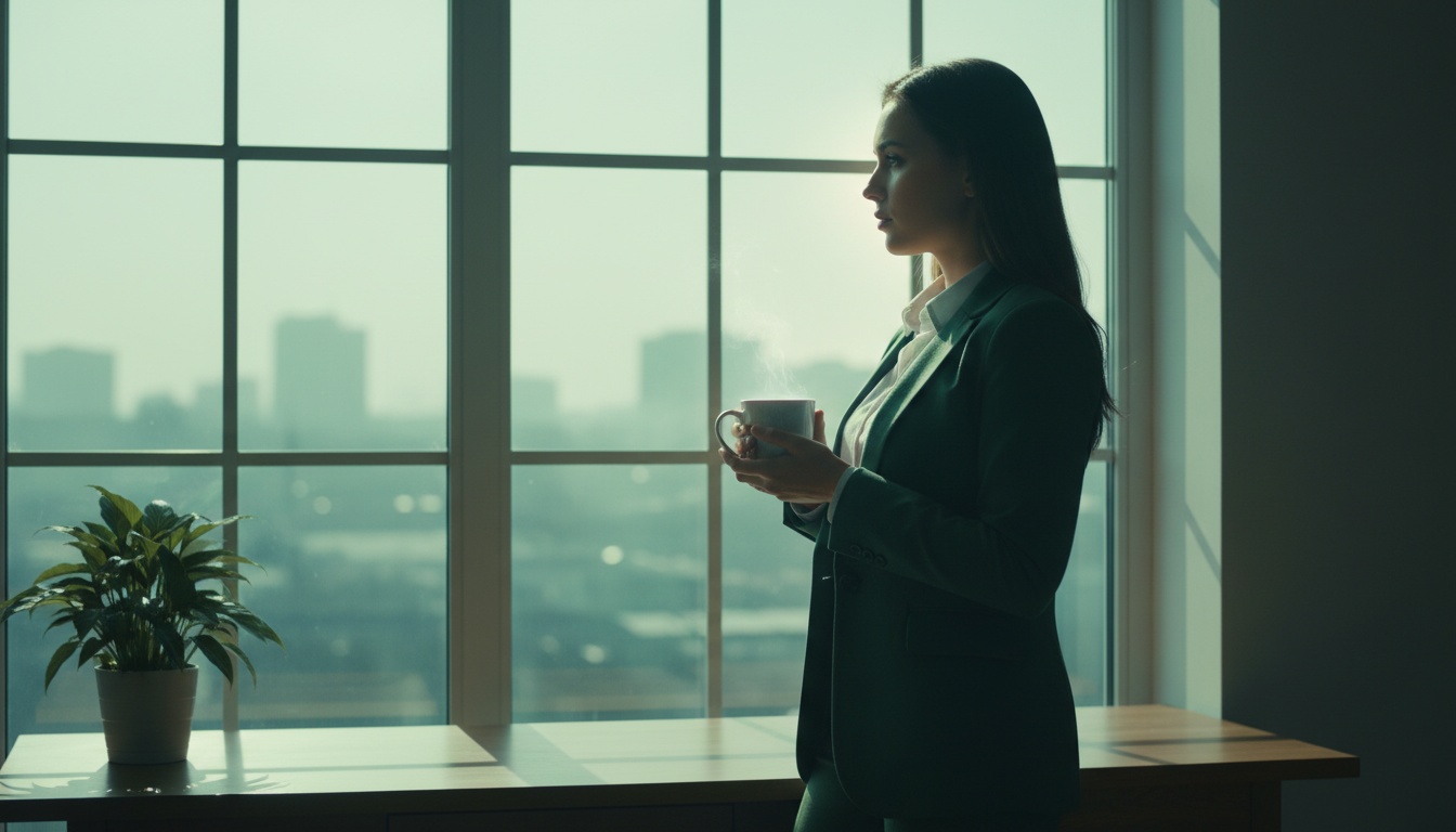 A professional, high-quality photo of a person standing at a window with morning light, holding a warm drink, conveying calm determination