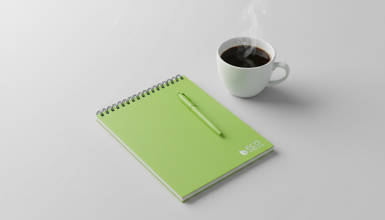 A professional, high-quality photo of a simple budget notebook beside a cup of coffee, clean and minimal