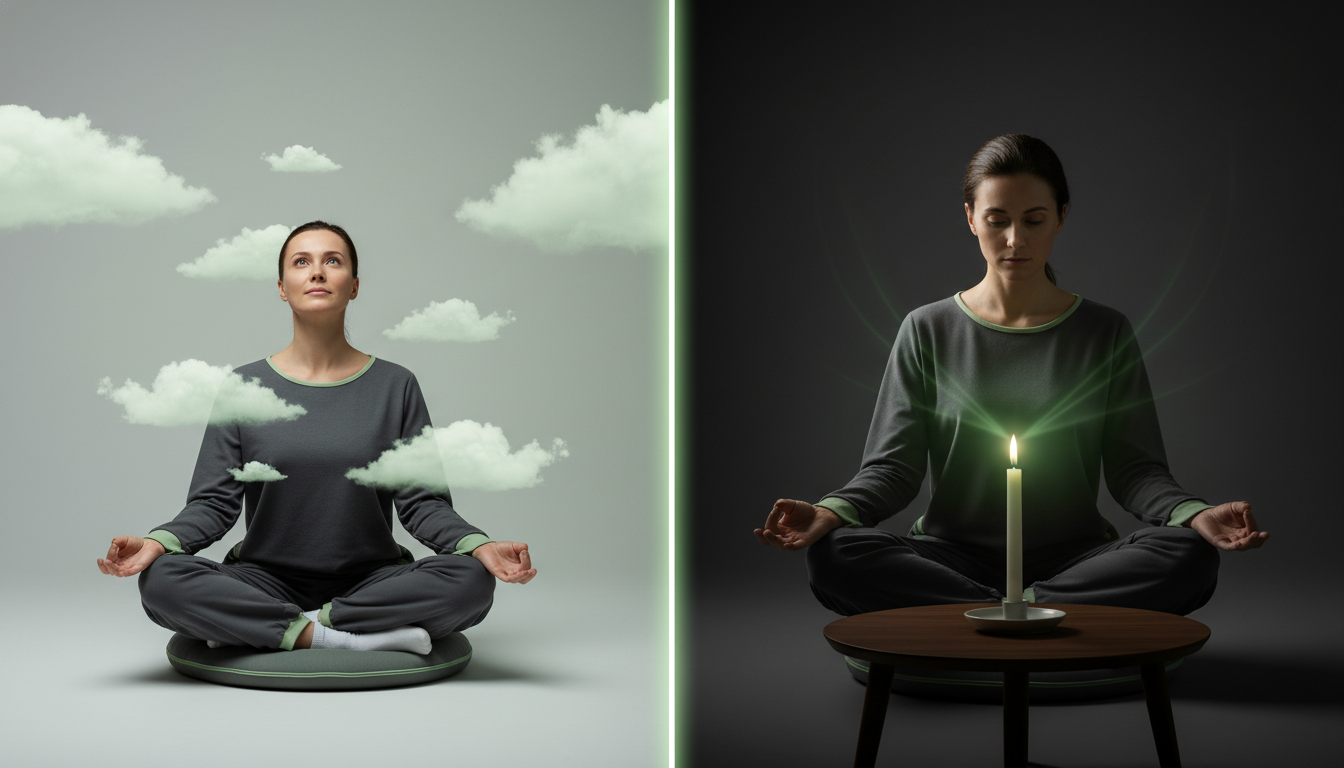 A professional split-screen image showing two meditation styles—one person observing thoughts like clouds (mindfulness) and another focusing on a candle flame (concentration)—clean, modern studio lighting