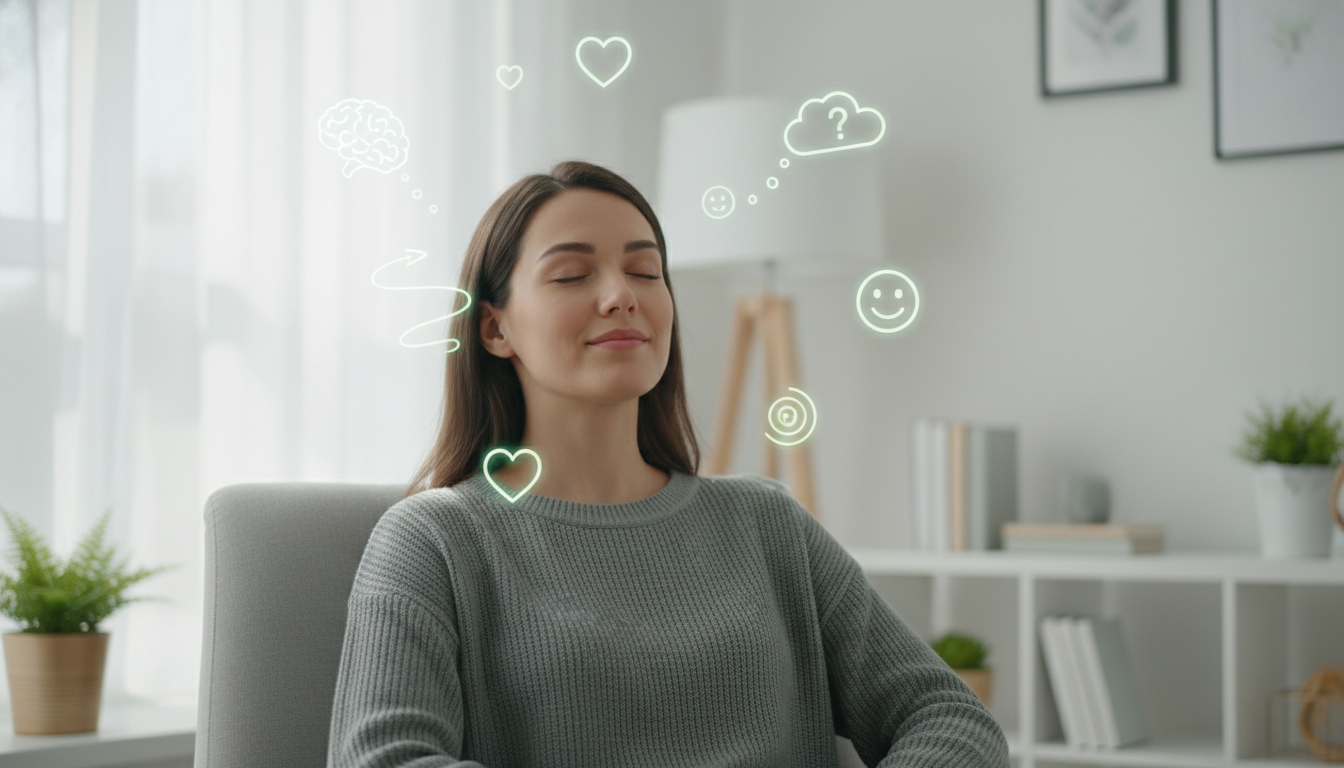 A calm, high-quality image of a person seated comfortably, eyes soft, with subtle overlay icons of thoughts and feelings floating by—minimal, professional design