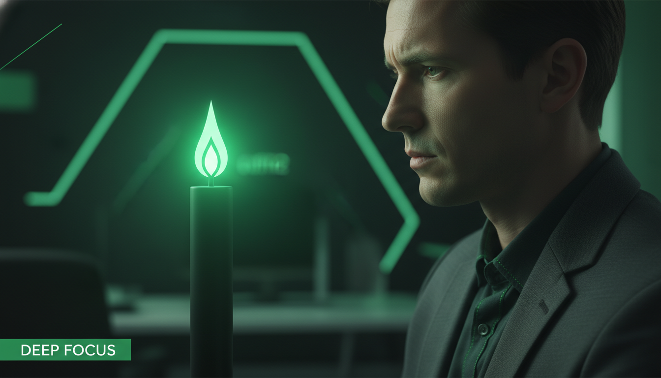 A professional, high-resolution image of a person focusing on a candle flame or a simple dot, with a clean, modern aesthetic