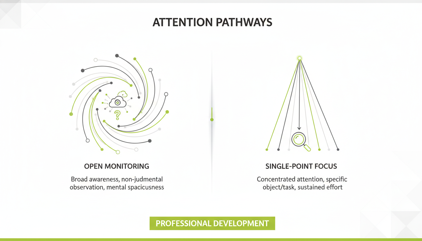 A modern infographic-style image showing two attention pathways—open monitoring vs single-point focus—clean lines, neutral colors