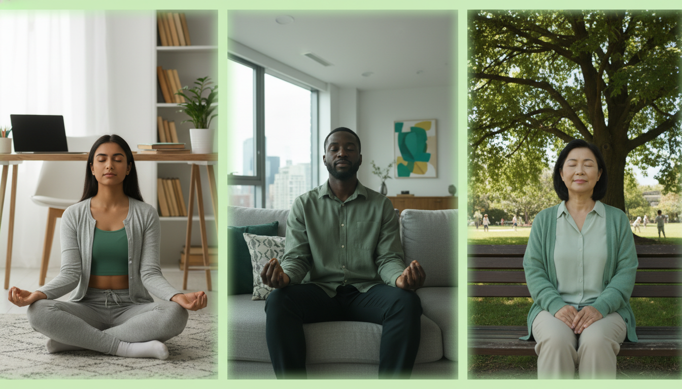 A professional image of diverse people (student, professional, caregiver) each meditating in realistic settings—home office, living room, quiet park