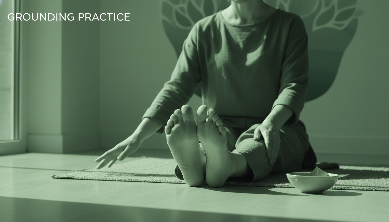 A professional, sensitive image showing a person pausing a meditation session and grounding by feeling their feet on the floor—warm, supportive tone