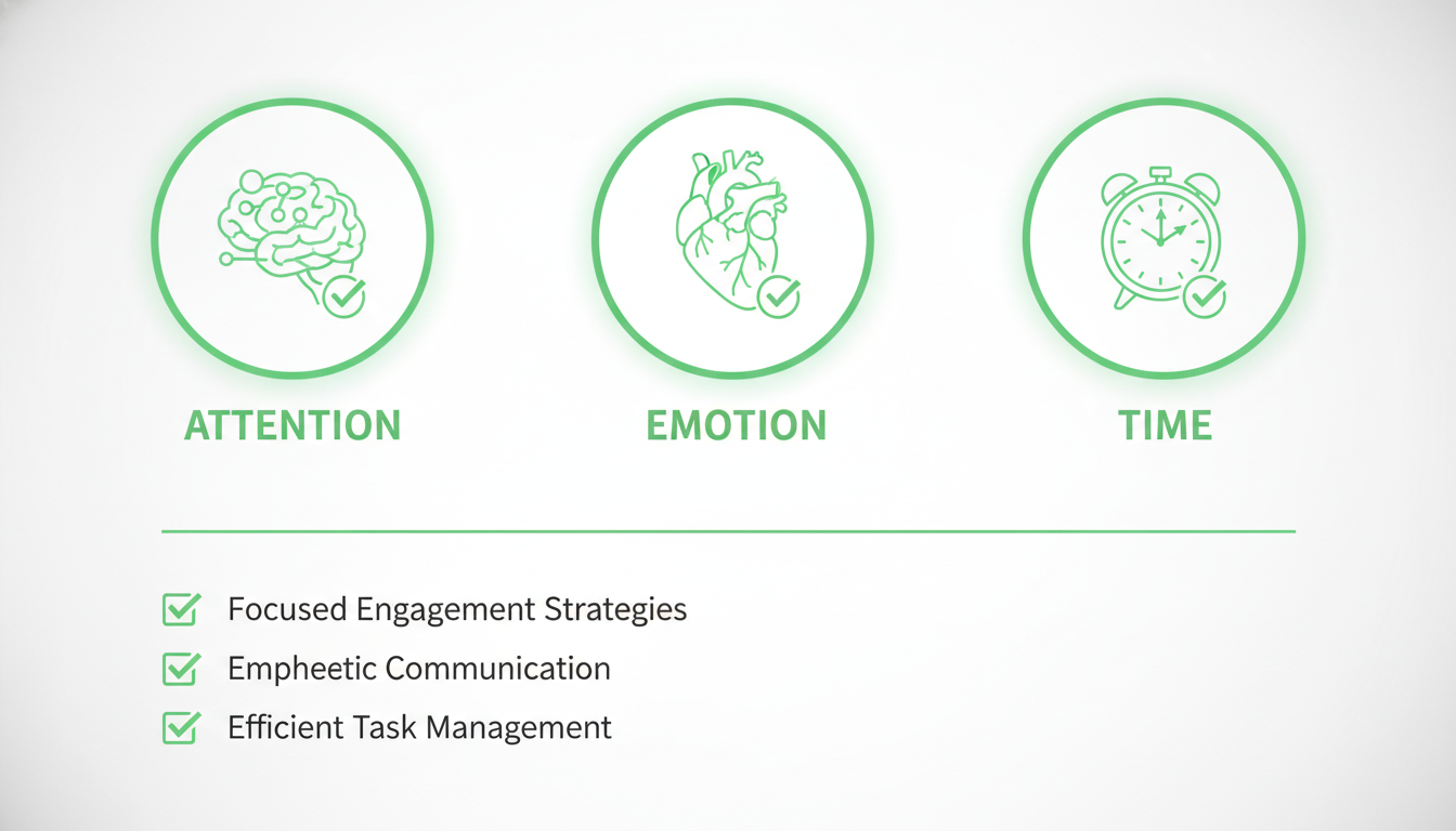 A clean, professional checklist-style image with icons (brain, heart, clock) representing attention, emotion, and time