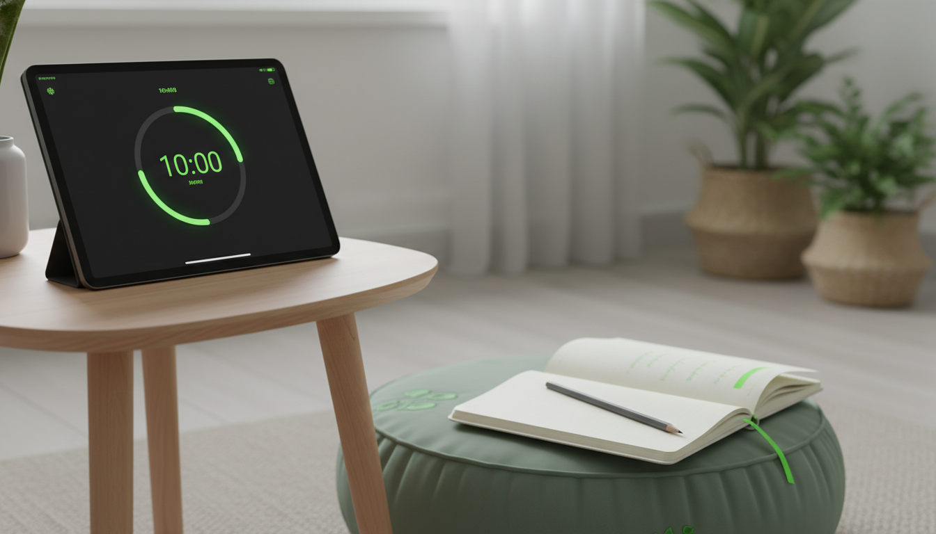 A high-quality image of a minimalist timer app next to a meditation cushion and notebook—professional, modern, calming