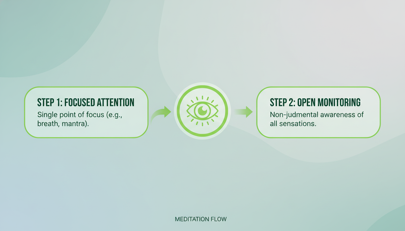 A professional diagram-style image showing a two-step meditation flow: Step 1 Focused Attention, Step 2 Open Monitoring—clean arrows and calming colors