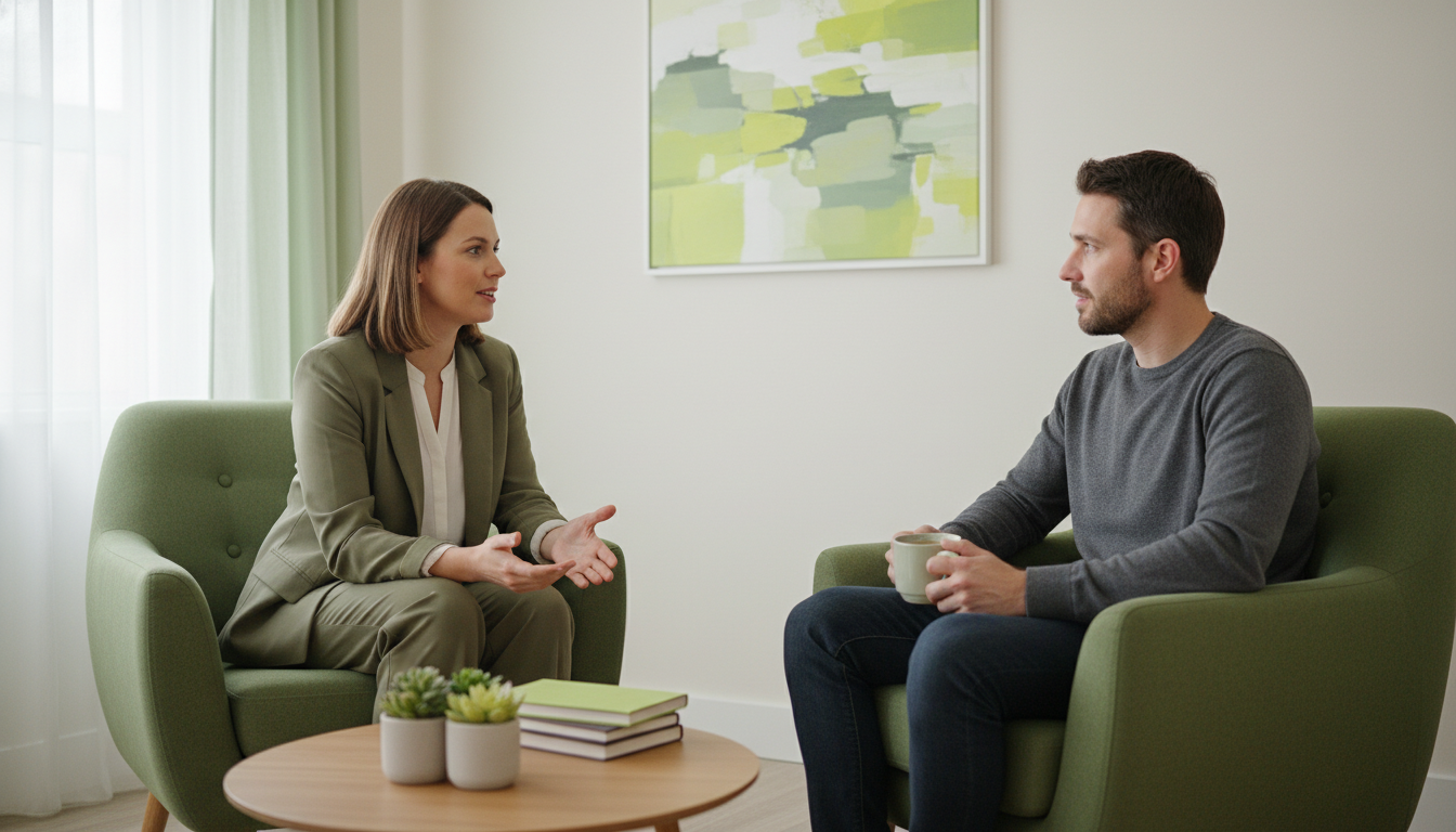A professional, warm image of a supportive counseling setting—two people talking in a calm room with neutral tones