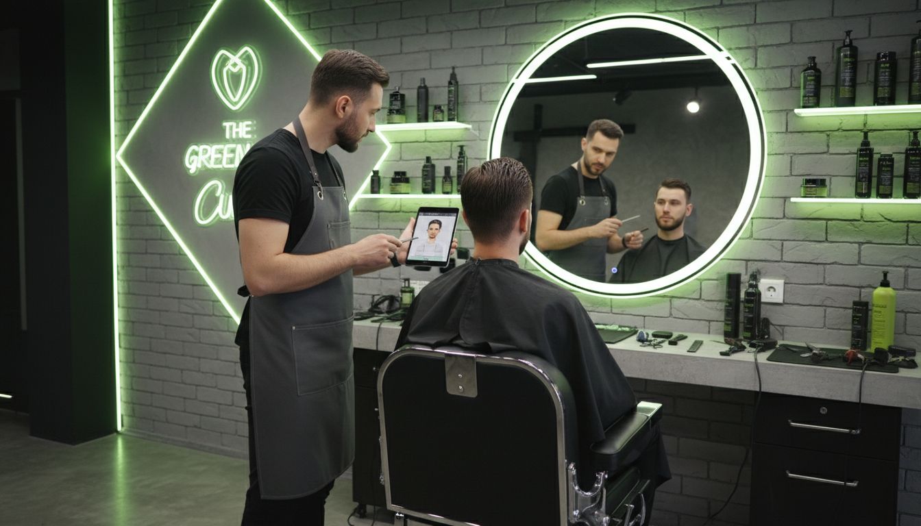 Professional barber consultation with client in a modern barbershop, analyzing face shape with a mirror and comb