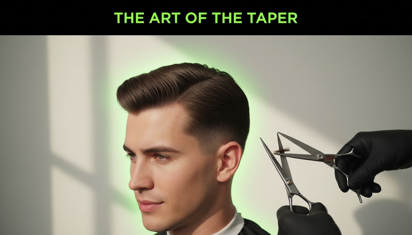 High-quality studio photo of a classic tapered haircut with natural side part and scissors finish
