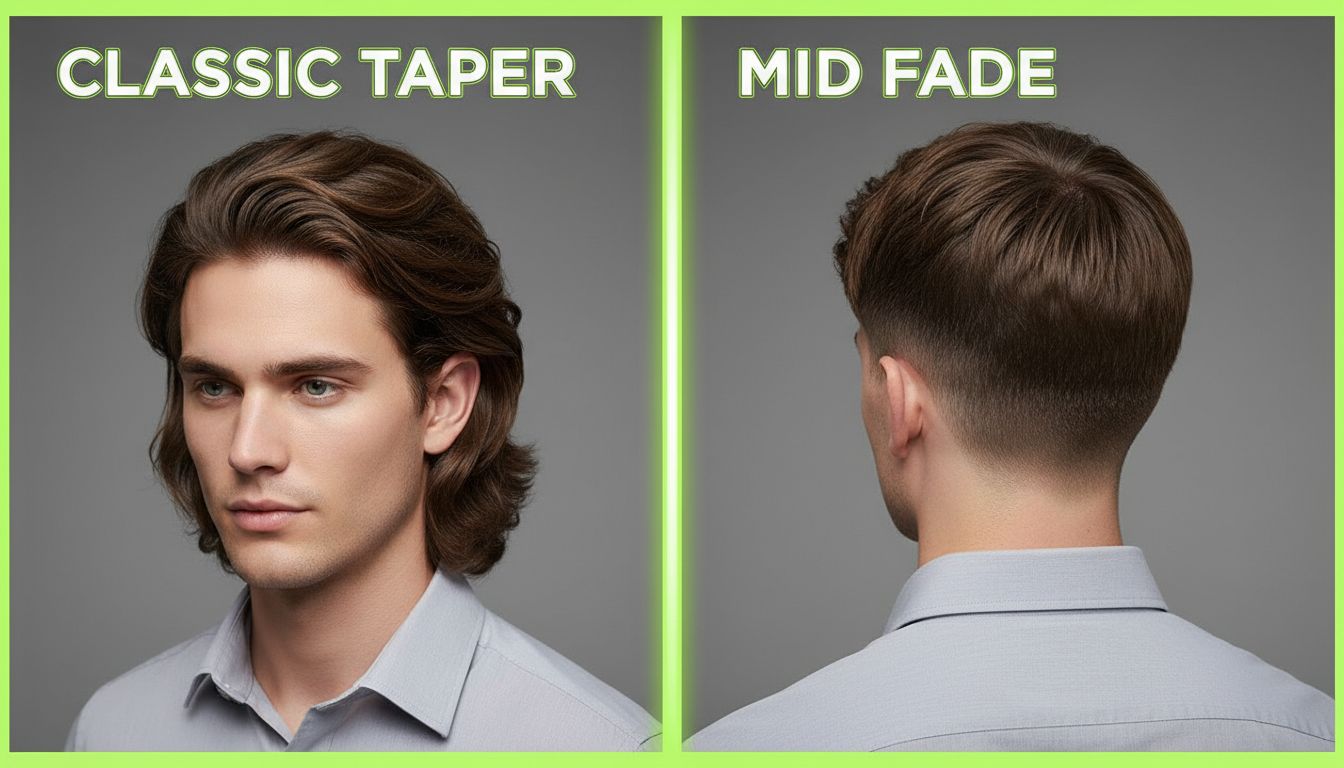 Split-screen comparison of classic taper vs mid fade haircut on similar hair type, neutral background