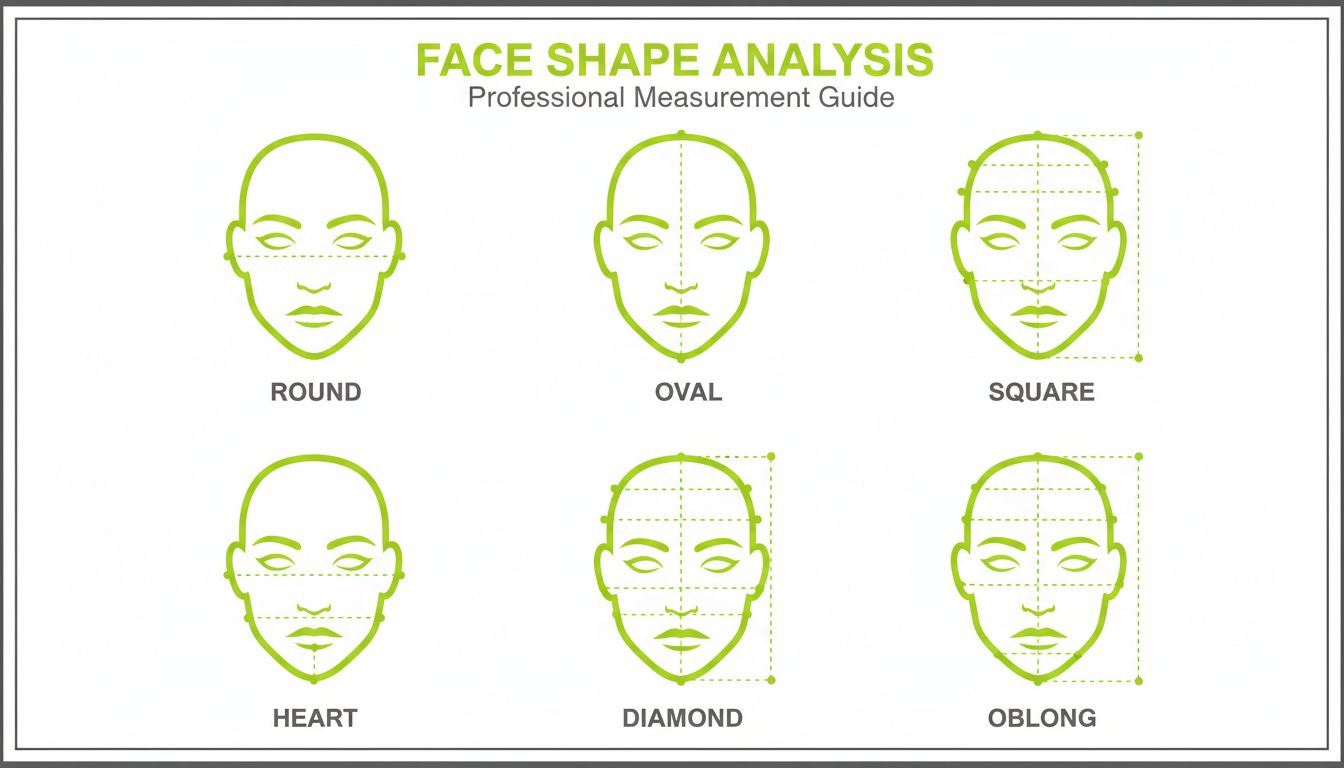 Simple professional diagram showing six face shapes with outlines and measurement points