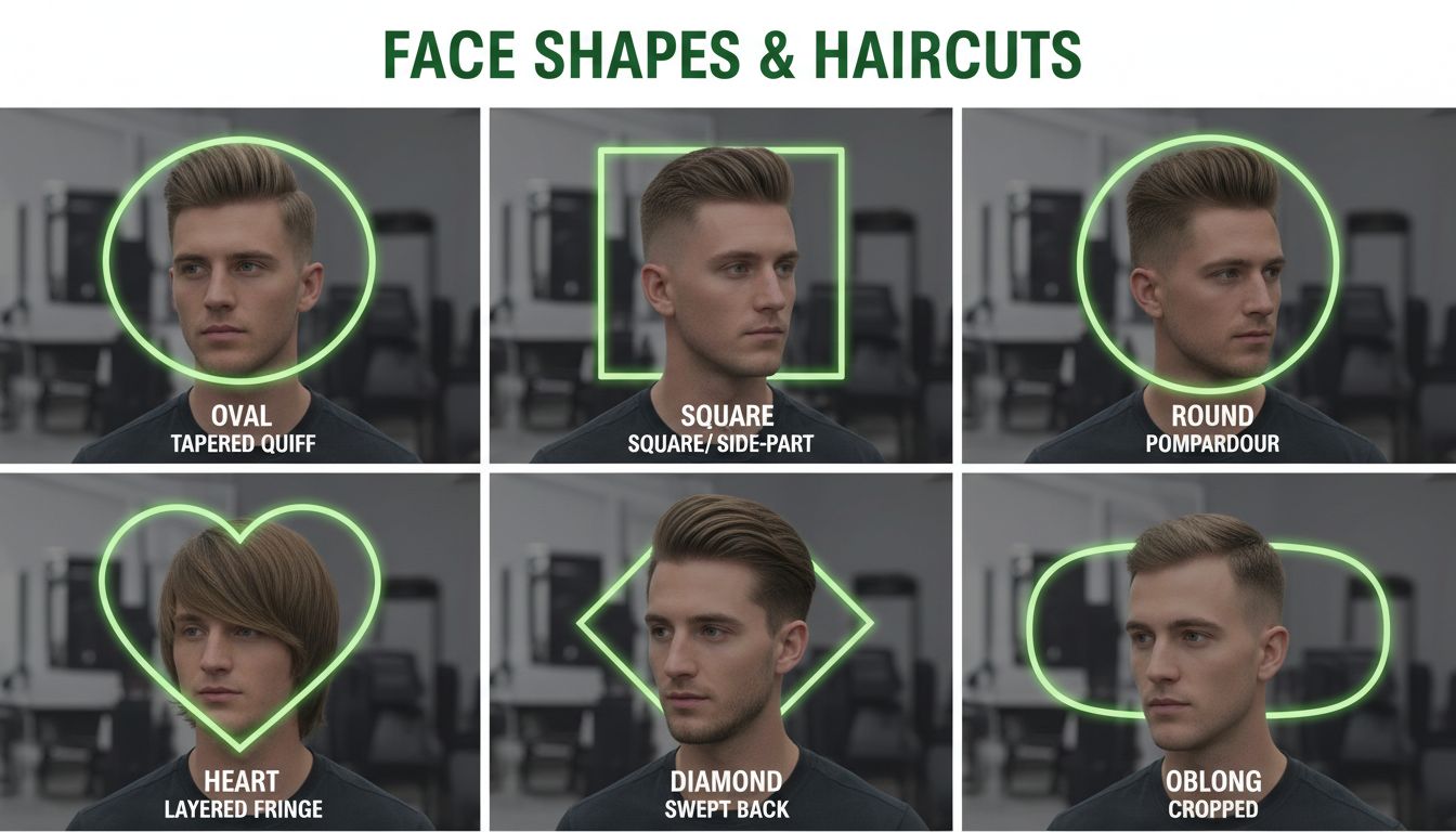 Professional grid of male headshots representing different face shapes with corresponding haircut silhouettes