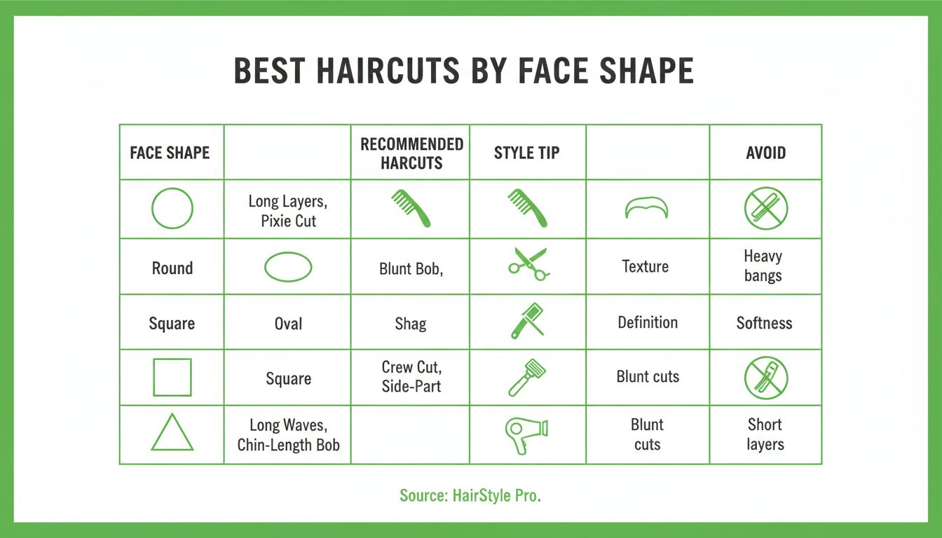Clean infographic-style table visual showing best haircuts by face shape with icons