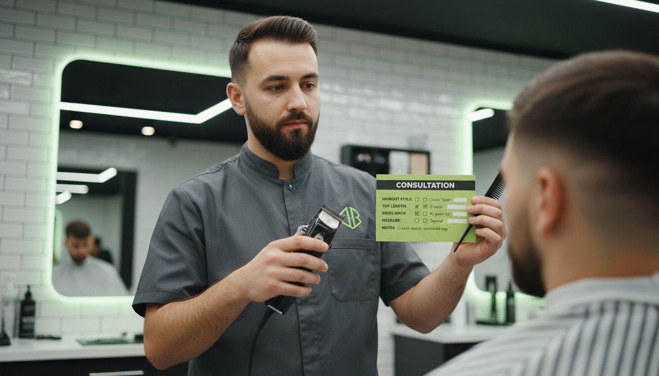 Barber holding clippers and comb, showing a consultation card with haircut parameters