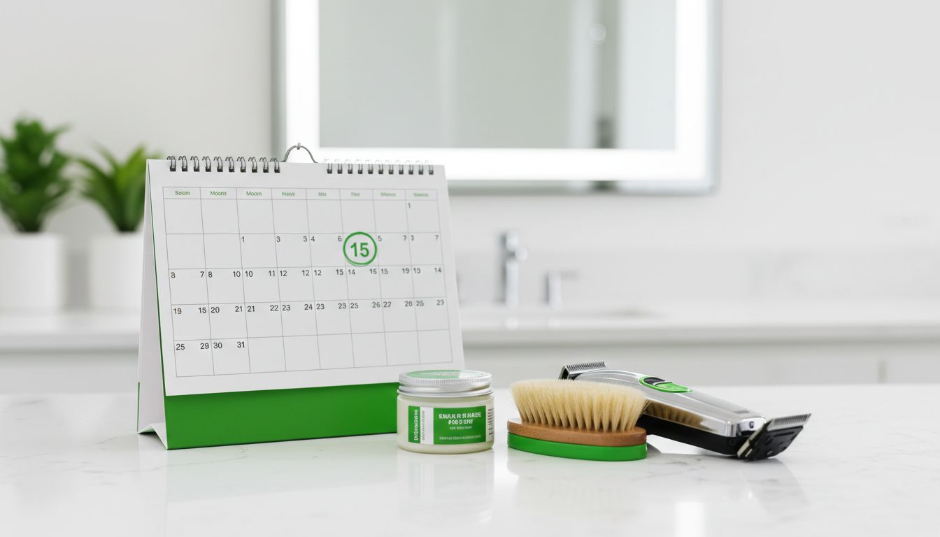Professional photo of a calendar and grooming tools (pomade, brush, clippers) on a clean countertop