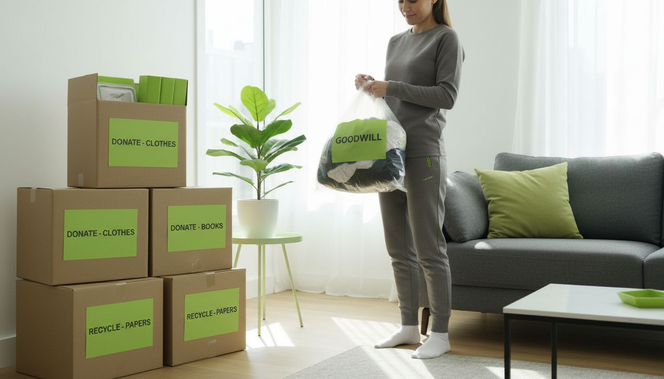 Professional high-quality photo of a tidy living room with labeled moving boxes and a person holding a donation bag