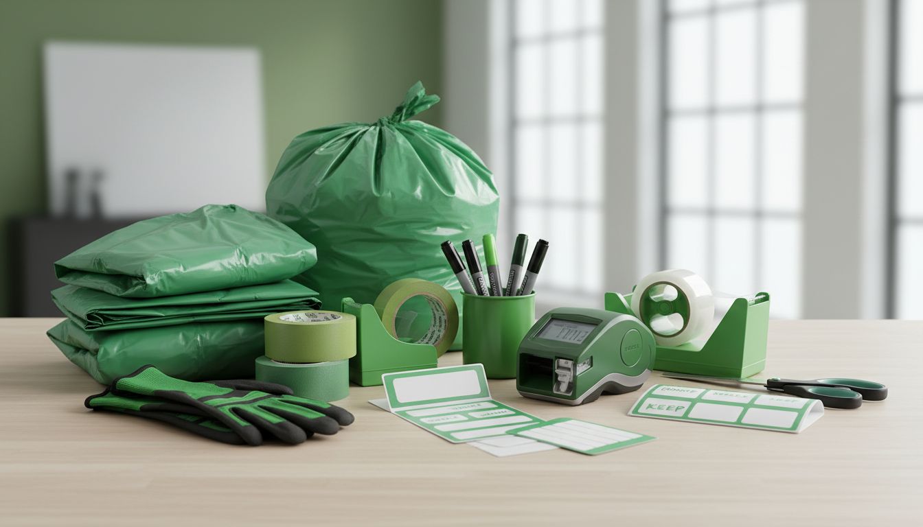 Professional high-quality photo of decluttering supplies—trash bags, labels, markers, tape, gloves—arranged neatly on a table
