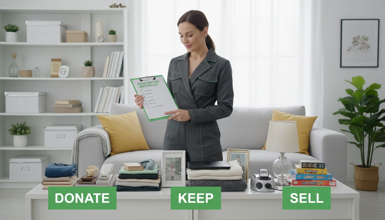 Professional high-quality photo of a person holding a checklist while sorting household items into labeled piles