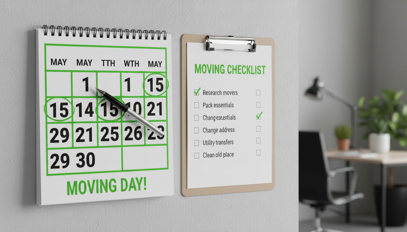 Professional high-quality photo of a wall calendar and moving checklist with a pen