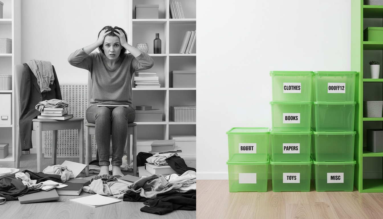 Professional high-quality photo of a cluttered room with someone looking overwhelmed, contrasted with labeled bins