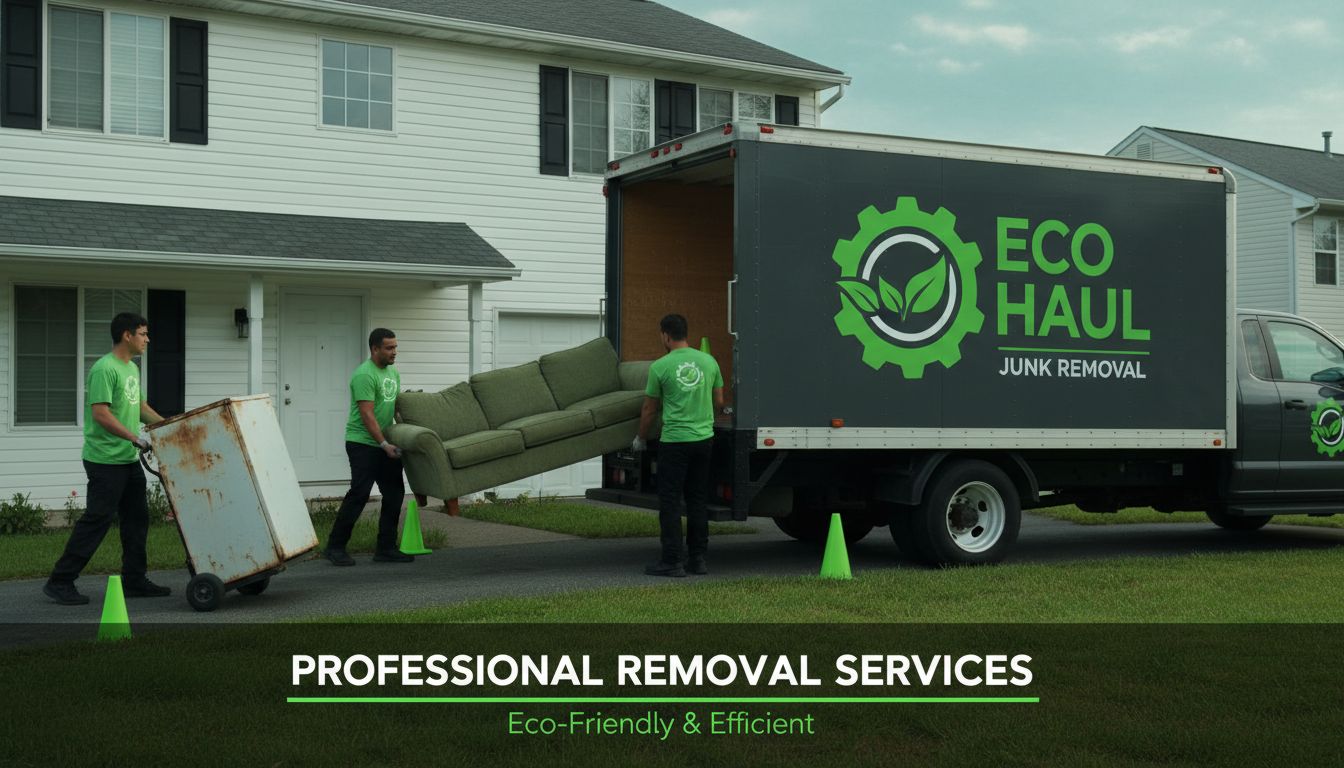 Professional high-quality photo of a hauling crew removing an old sofa and appliances from a home