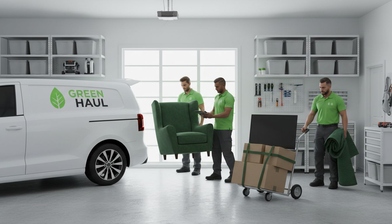 Professional hauling crew removing bulky items from a residential garage, clean and modern look