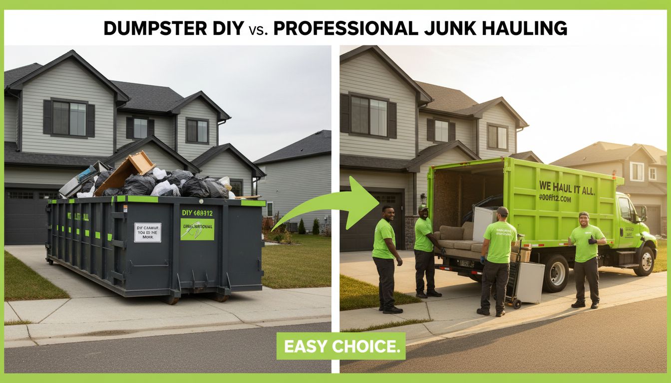 Split-screen comparison visual showing dumpster outside a home vs crew hauling junk