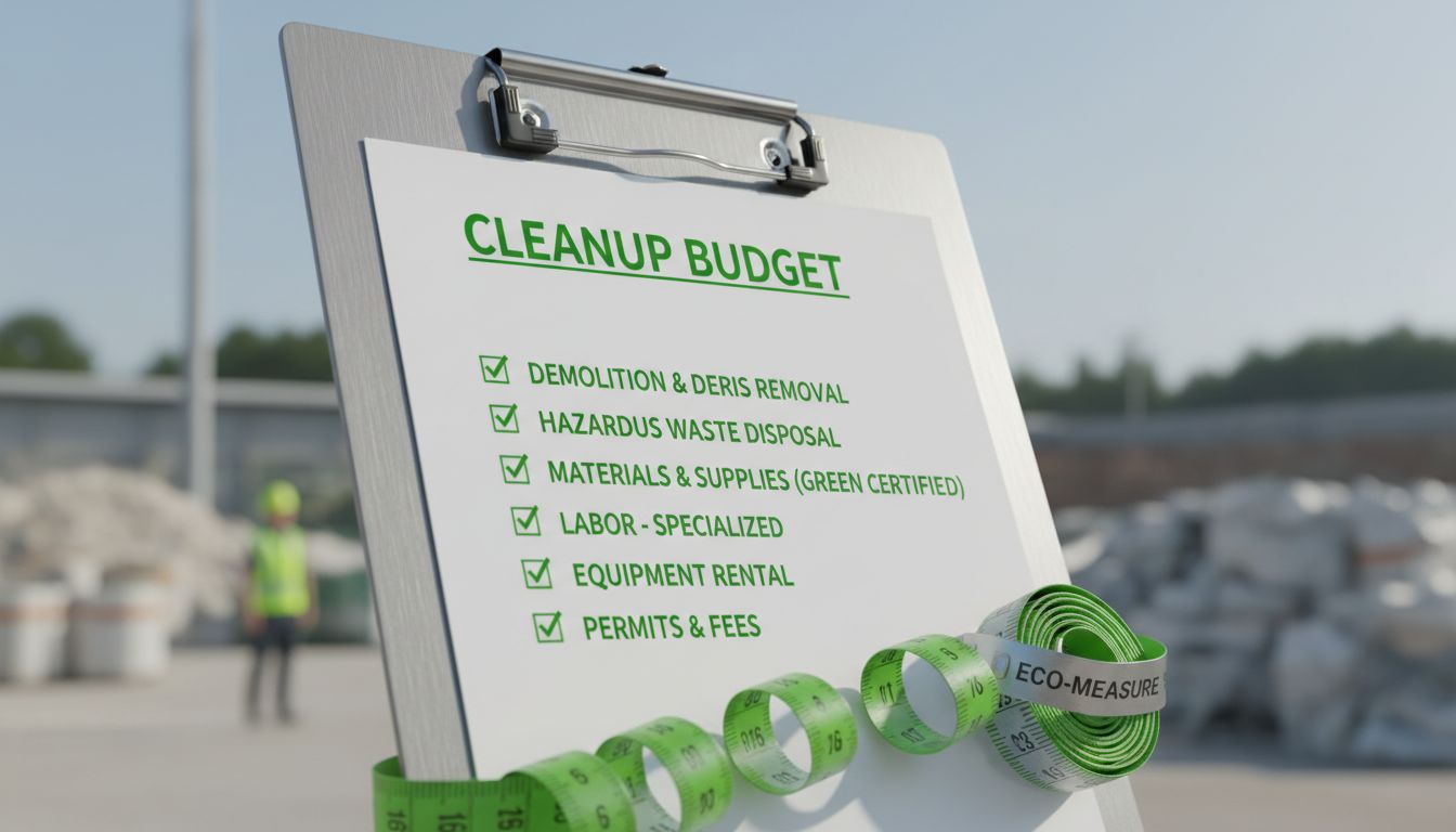 Close-up of a clipboard with cleanup budget checklist and measurement tape