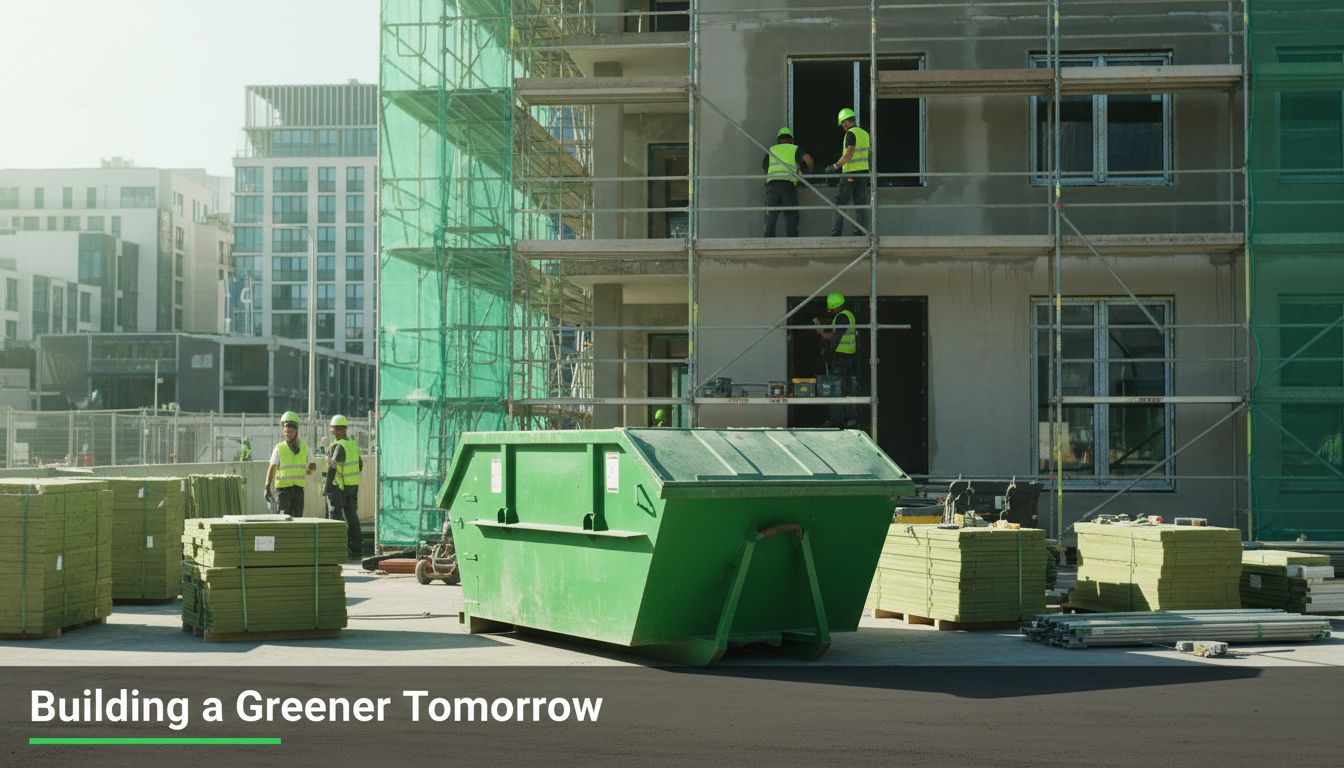 Construction renovation site with a dumpster placed neatly, workers in background