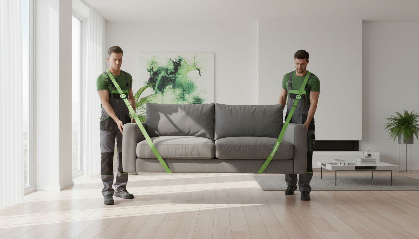Team lifting a sofa safely with straps, clean residential interior